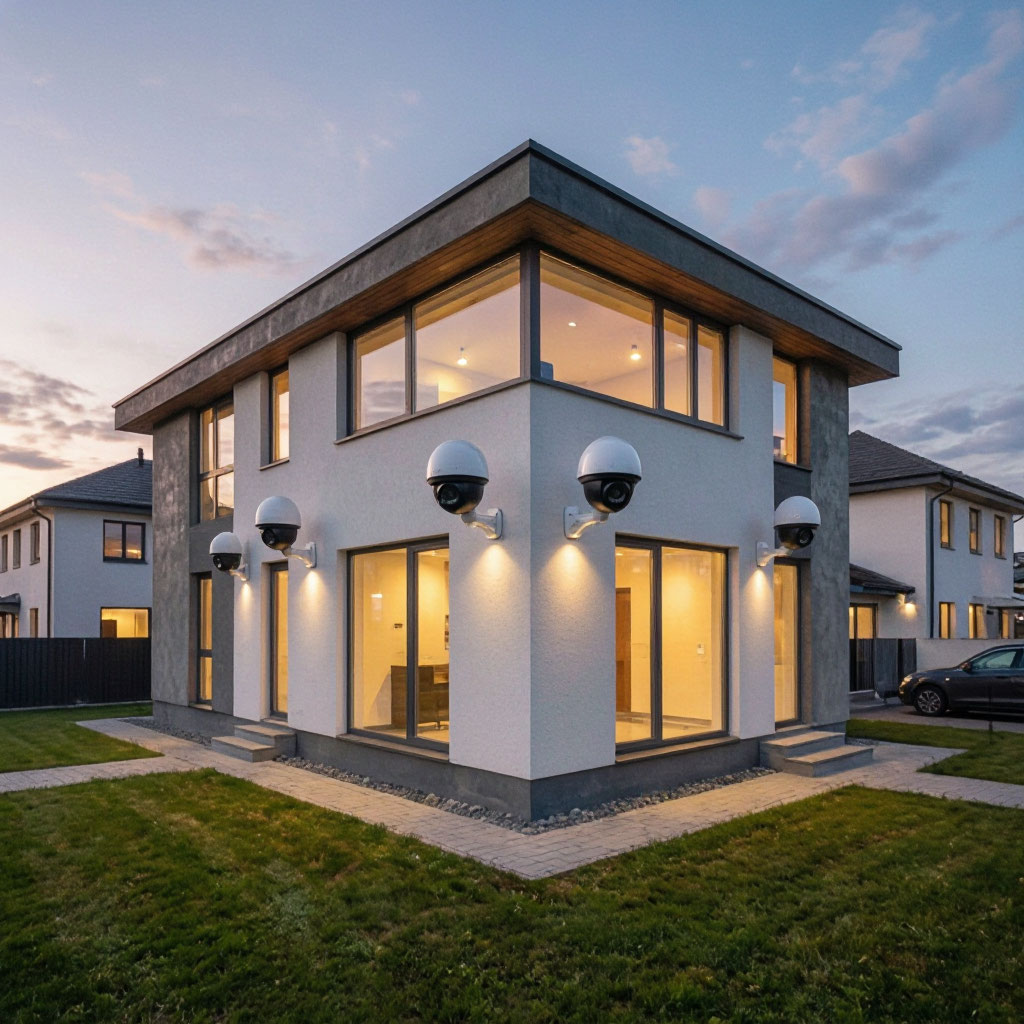 Modern home with security cameras